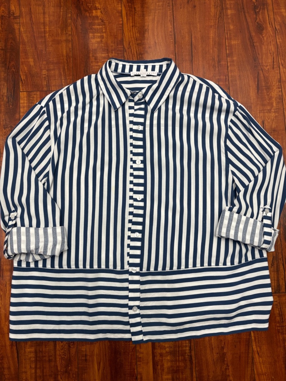 Jane and Delancey Navy and White Vertical Stripe Button-Down Shirt